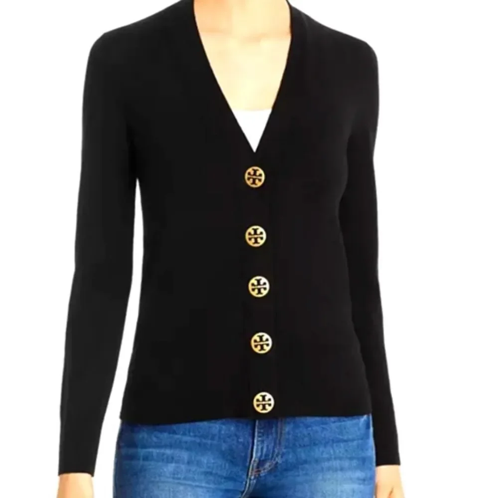 Tory‎ Burch Black Merino Wool V Neck Cardigan Sweater Size XS Long Sleeve Knit
